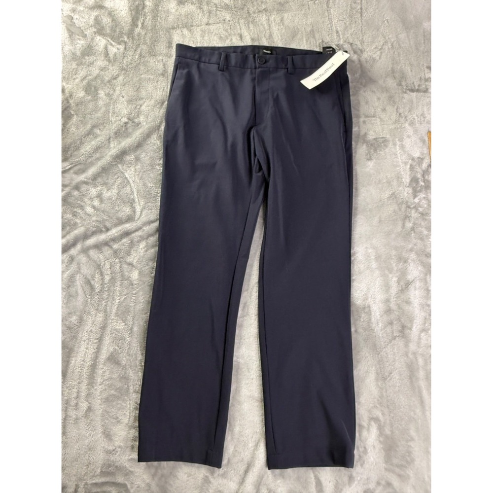 Theory Mens Flat Front Dress Pants Trousers 34 Navy Blue Straight Leg cut